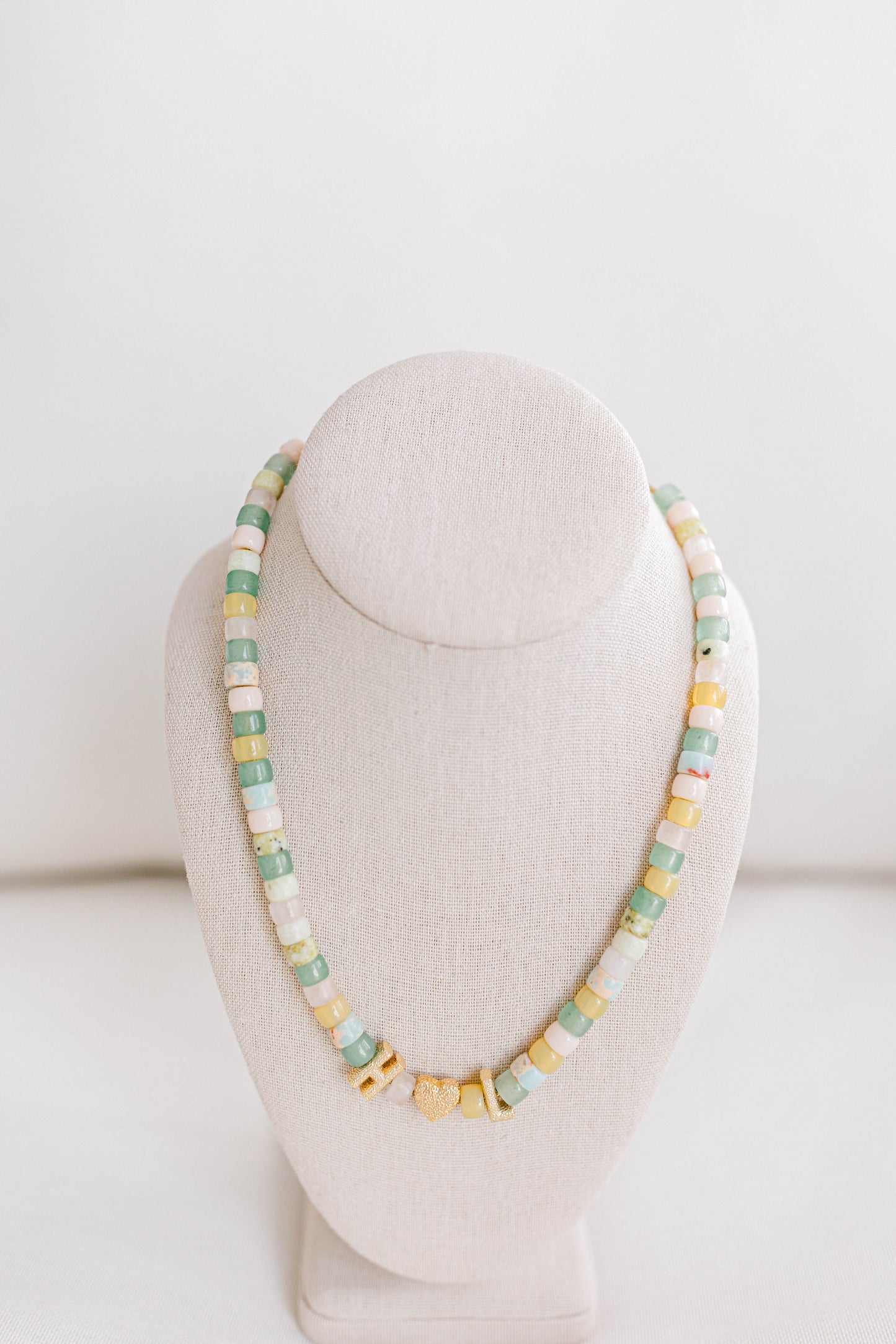This beautiful necklace is made with forte gemstones and 18k gold filled stardust spacer beads that are strung on lurex cord with an adjustable sliding knot. This necklace can be personalized with 18k gold filled stardust letters and/or heart beads. If you want to add letter beads, please put what letter beads you would like with your necklace in the personalization box. Any custom features no listed in the bead options, please also put in the personalization box.