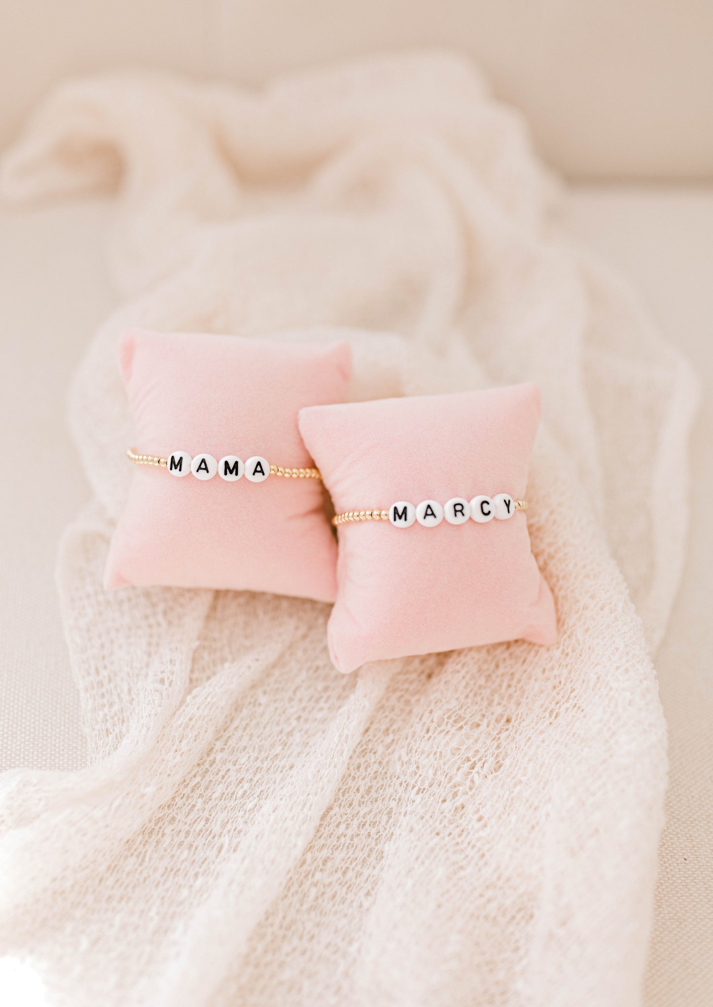 The perfect bracelet for the mini in your life! Matching mama version also available!
* 3mm 14K gold filled or .925 sterling silver beads
* white with black OR white with gold letter beads
Size info:
* Small (Ages 1-4)
* Medium (Ages 4-6)
* Large (Ages 6-10)