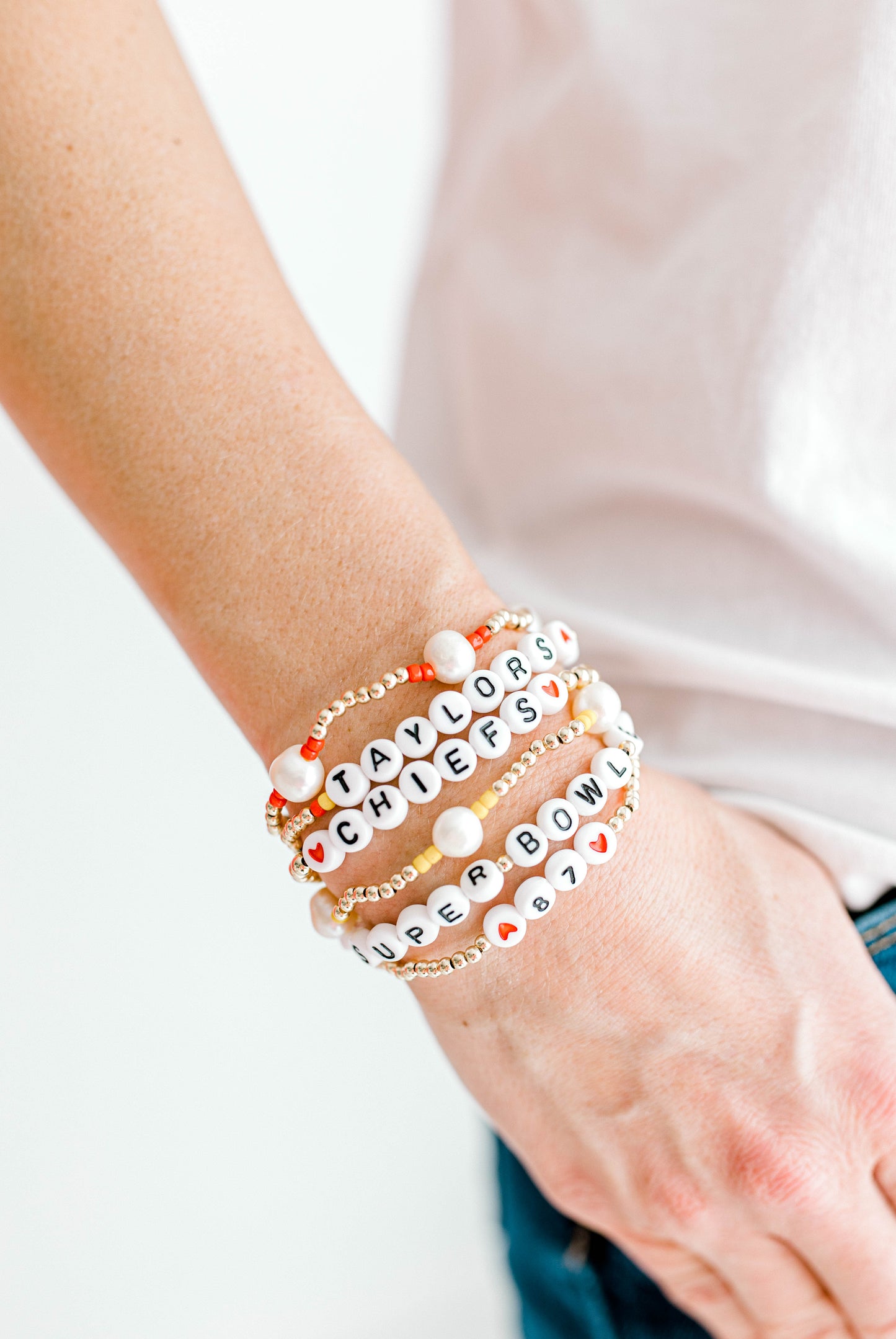 I mean we're all rooting for Taylor's boyfriend, right?? And of course the Kansas City Chiefs in general!! These sporty and cute bracelets include 3mm 14k gold filled beads and white/black letter beads.