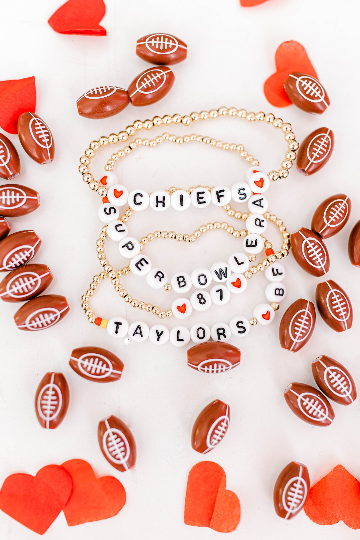 We're based in STL... of course we're Kansas City Chiefs fans! These sporty and cute bracelets include 3mm 14k gold filled beads and white/black letter beads.
