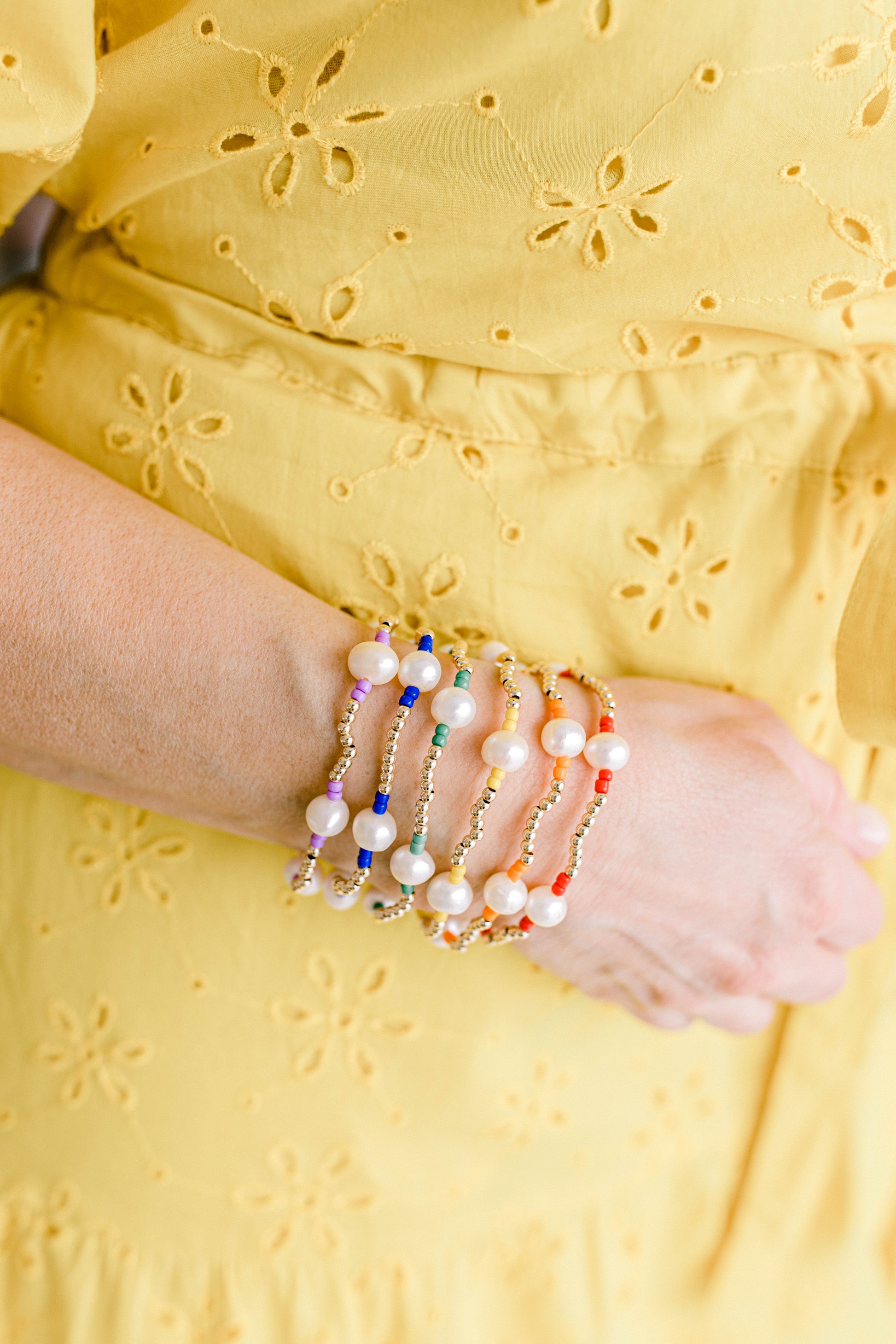 Our signature Pearly Pop bracelet design has our heart! They're fun, simple, and perfect for any occasion! These bracelets include 3mm 14k gold filled beads, freshwater pearls, and colored seed beads of your choosing.