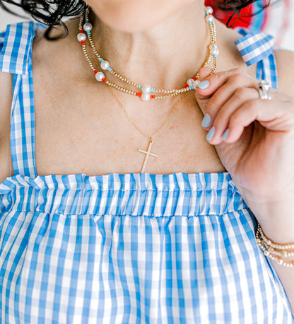 Just like our popular pearly pop bracelets, but in necklace form! The perfect piece for when you need a 'pop" of color!  Cute alone or layered with other pearly pops! 15 in with 2 in extender, fresh water pearls, seed beads, gold filled beads, gold filled clasp, and jump rings.